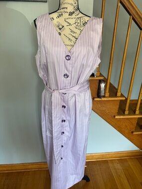 Light Lavender Striped Button-Front Dress with Belt 💯 Linen